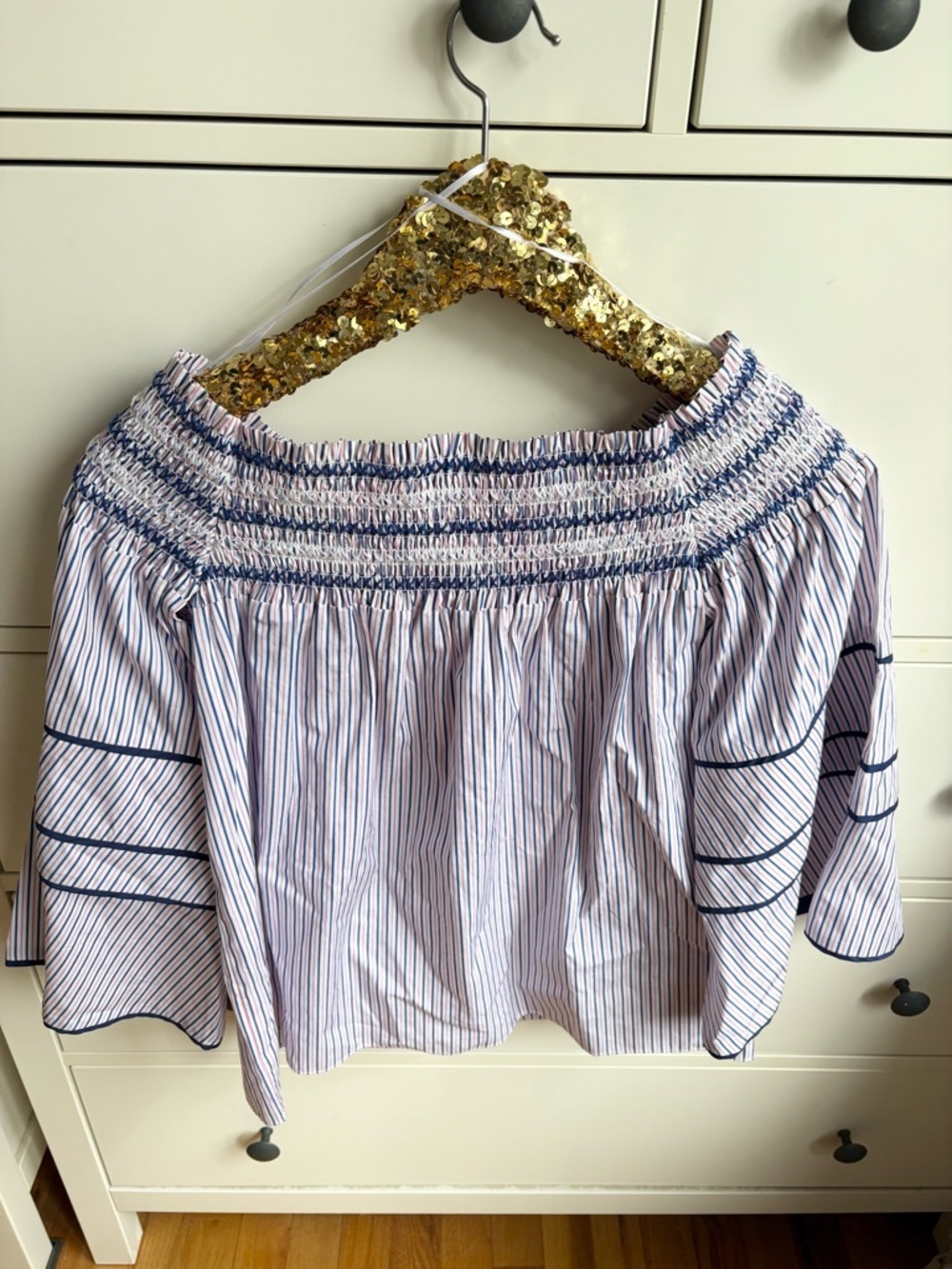 Parker Largo Striped Off Shoulder Blouse in Pink, White & Blue - Picture 3 of 9